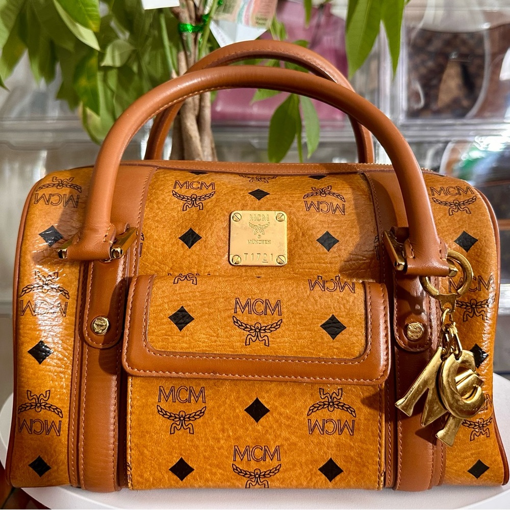 MCM Cognac Visetos Monogram Satchel with Gold Charms